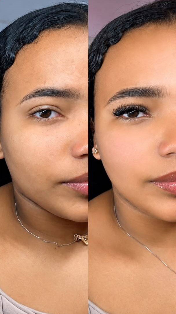 Comparação real de antes e depois da extensão de cílios